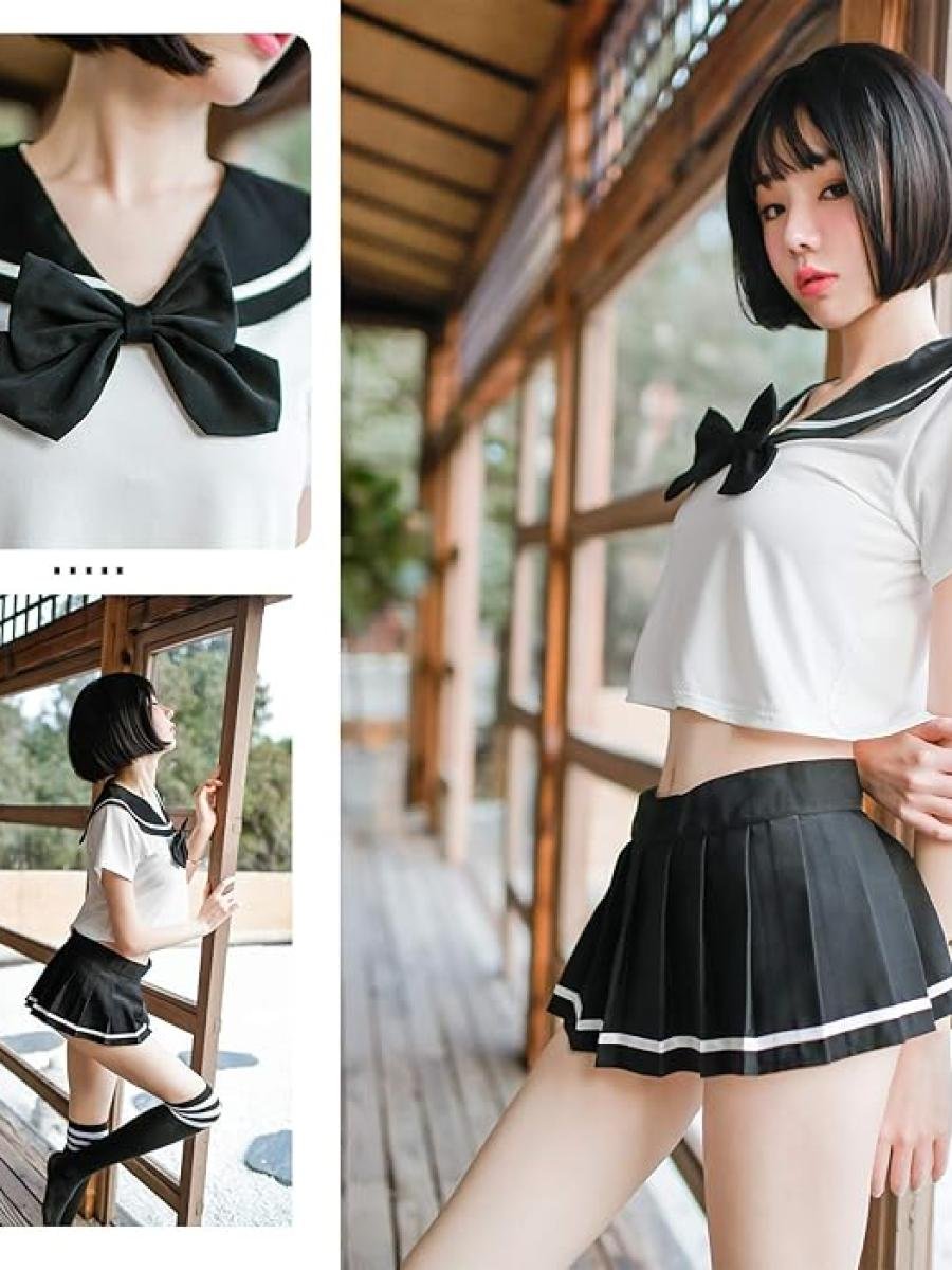 Valeria Midnight Sailor Cosplay Lingerie Set – Black & White School Girl Outfit thumbnail 3