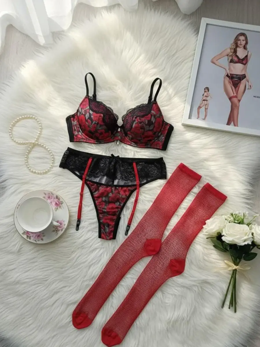 Valeria Crimson Rose Lace Lingerie Set with Garter Belt – 3 Piece alternate view