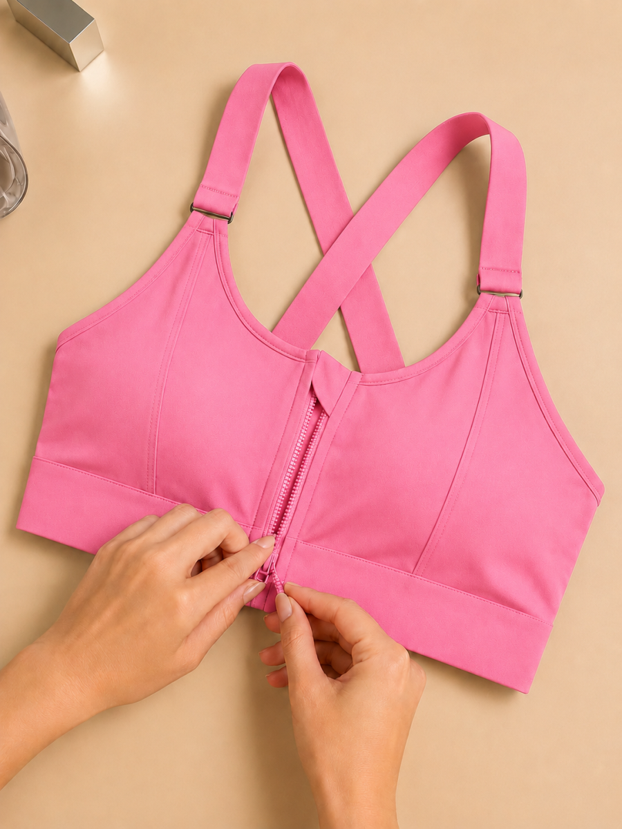 Pink Front Zip Adjustable High Support Sports Bra for Women alternate view
